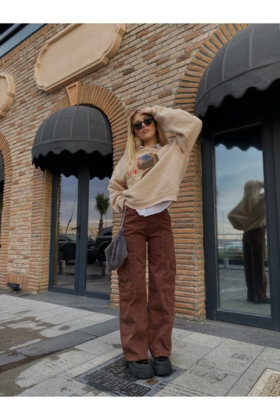 KOTOLOG Urban Kadın Kahve Denim Wide Leg Keten Kumaş Streetwear Kargo Pantolon I Y2k Collection