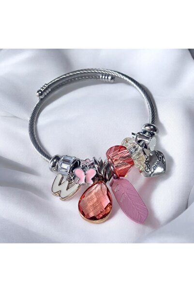 ARYA DESİGN KUŞ TÜYÜ VE LOVELY CHARMLI ÇELİK BİLEKLİK