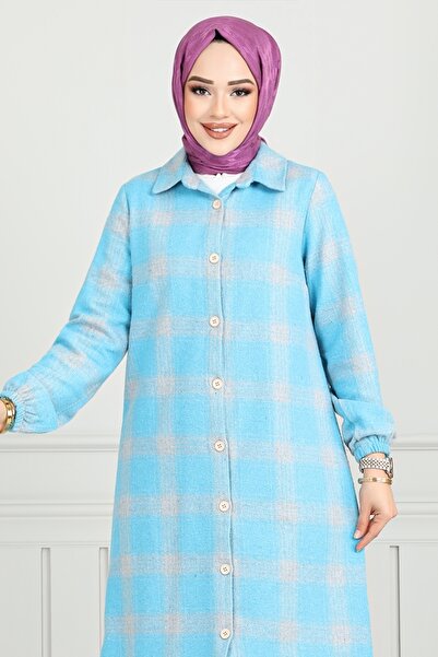 ModaMerve Blue Plaid Tunic 4446Ktr927-M - Front Button