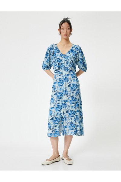 Koton Rochie maxi cu decolteu în V cu mâneci balon scurte cu imprimeu floral