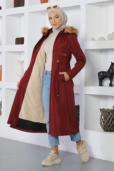 ModaMerve Claret Red Coat - Lacing Detail, Mi̇h15800