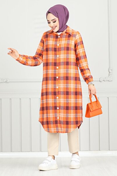 ModaMerve Plaid Tunic 4446Ktr927-M Purple&Orange - Front Button
