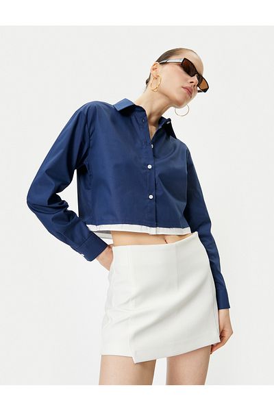 Koton Cămașă crop din poplin, cu mânecă lungă din bumbac, cu tiv de culoare contrastantă