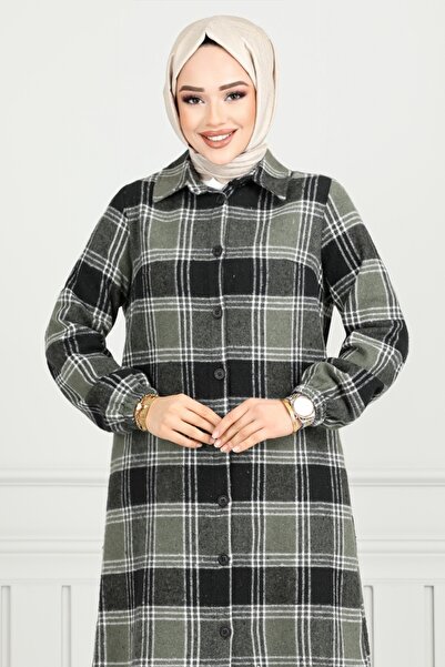 ModaMerve Front Button Plaid Tunic 4446Ktr927-M Khaki&Black