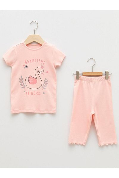 LC Waikiki Crew Neck Short Sleeve Printed Cotton Baby Girl Pajamas Set (S2)