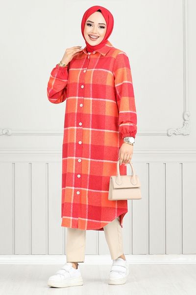 ModaMerve Plaid Tunic 4446Ktr927-M Red&Orange - Front Button
