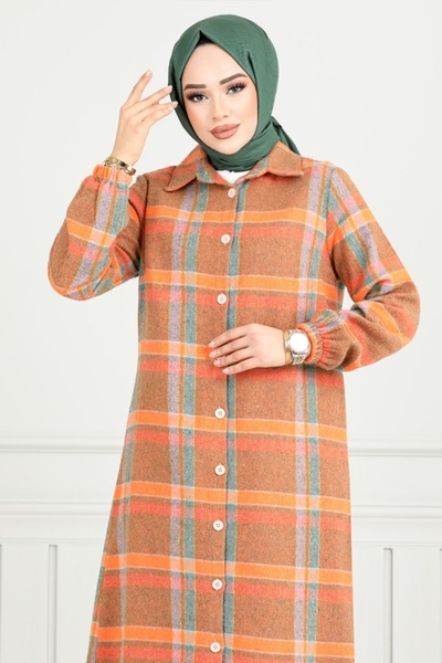 ModaMerve Orange Plaid Tunic - Front Button, 4446Ktr927-M