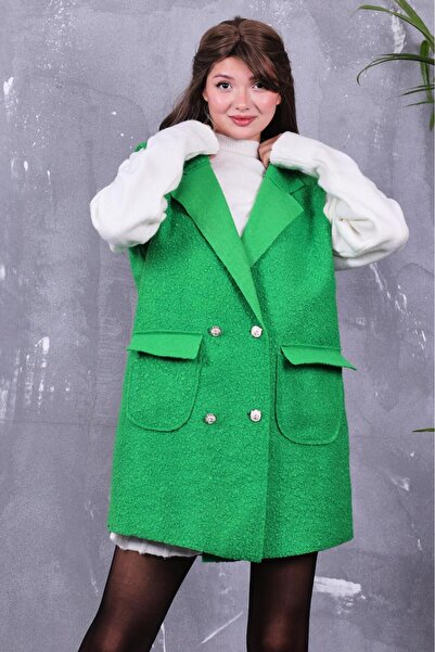 MİSS M.A.T FASHİON Bucket Pon Pon Fabric with Pocket Cover Crossbody Collar 4 Button Vest