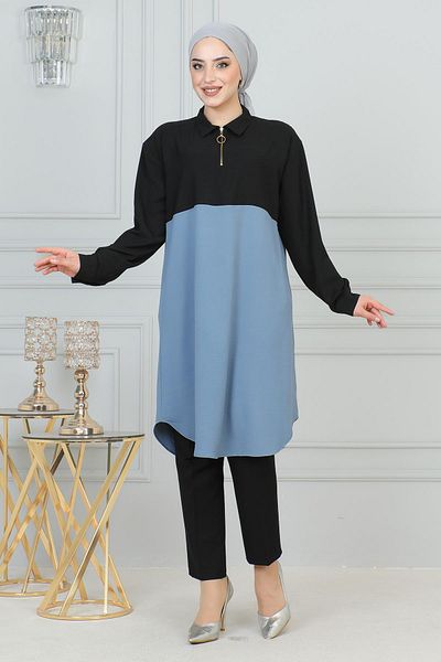 ModaMerve Blaue Tunika mit Reißverschluss - MİH6098