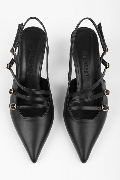 Shoeberry Joelle Damen-Gürtel aus schwarzem Leder mit spitzer Schnalle und Stilettoabsatz