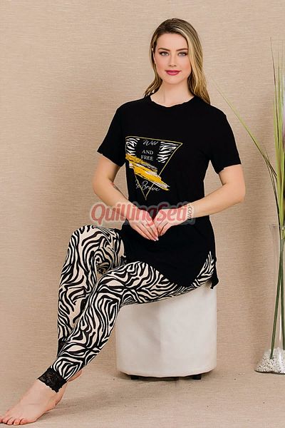 quilling Black Color and Zebra Print Lady 12484 Cotton Viscose Women's Short Sleeve Pajamas Set