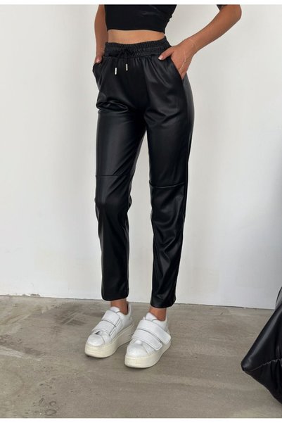 MODA Kadın Beli Bağcıklı Diz Şerit Cimalı Detaylı Jogger Yüksek Bel Deri Pant...