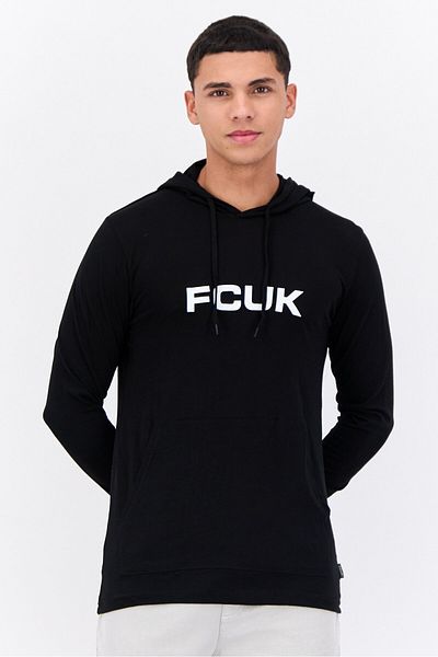 French Connection Men Hooded Long Sleeves Brand Logo T-shirt, Black