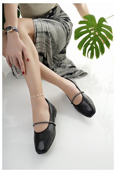 Modafırsat Kadın Babet Siyah Taşlı Şık Ev İş Ofis Günlük Ayakkabı