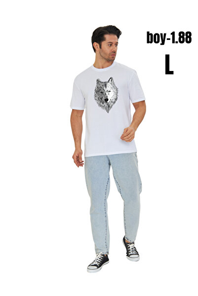 pxm تي شيرت عادي للجنسين مصنوع من القطن بنسبة 100% بطباعة رقمية - تصميم الذئب...