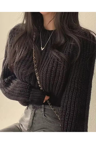 e beyazoglu Krop Bol Kesim Balon Kol Bisiklet Yaka Siyah Kazak