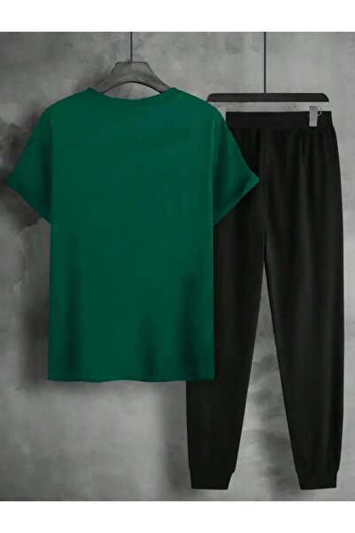 caddekombin Erkek Take İt Easy  Baskılı T-shirt Eşofman Altı Jogger Rahat Kalıp Yeşil Eşofman Takım New Model