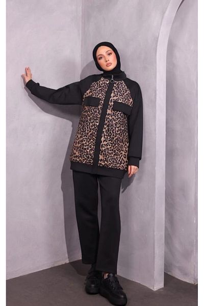 SERAH BUTİK Leopard Patterned Diver Fabric Winter Zipper Suit
