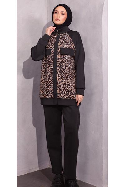 SERAH BUTİK Leopard Patterned Diver Fabric Winter Zipper Suit