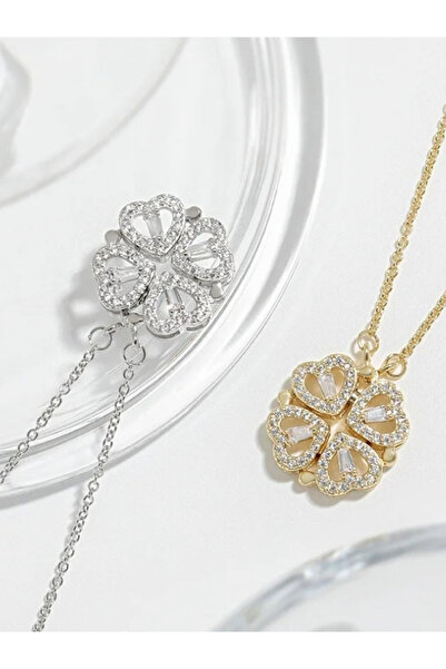 bymissmücevherat 925 Ayar Gümüş Açılabilir Mıknatıslı Dört Yapraklı Yonca Kalp Gold Renk Kolye