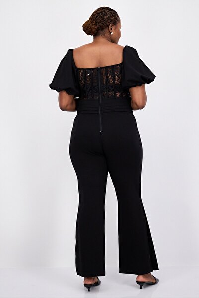 Yaura Women Plus Size Textured Lace Puffed Sleeve Jumpsuit, Black