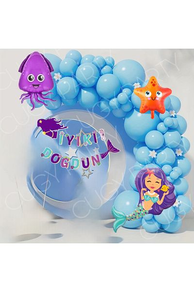 CUGY Blue Mermaid Purple Octopus and Sea Star Figure Birthday Decoration Party Set