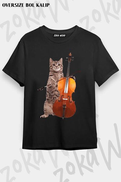 ZOKAWEAR Унисекс тениска с голям размер и щампа с виолончело и котка, дизайн ...