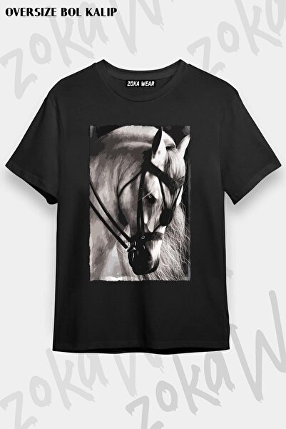 ZOKAWEAR تيشيرت مطبوع بتصميم حصان v4 كبير الحجم للجنسين