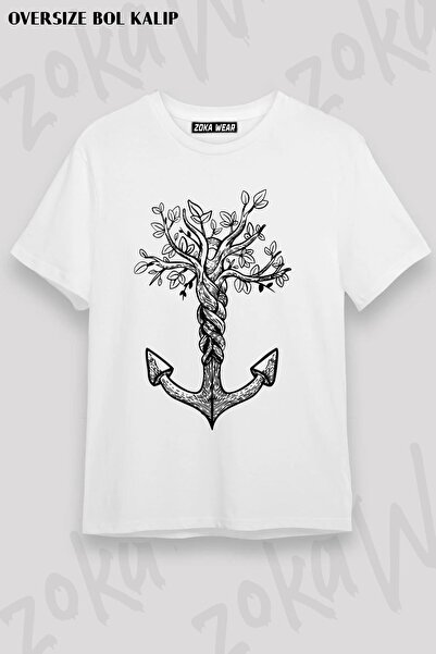 ZOKAWEAR Tricou imprimat unisex oversize cu design de copac și ancoră