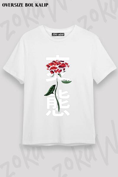 ZOKAWEAR تيشيرت مطبوع بتصميم الحروف الأبجدية اليابانية والزهور مقاس كبير للجنسين