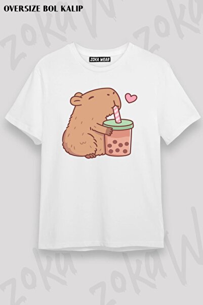 ZOKAWEAR Unisex Oversize Kalıp Cute Capybara Loves Bubble Tea Tasarım Baskılı...
