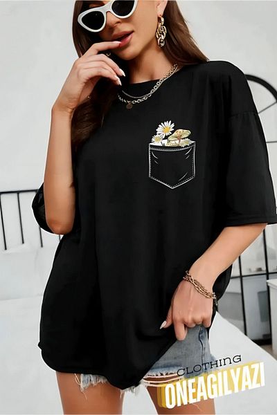 Elfa Tekstil Floral Printed Crew Neck Oversize Cotton T-Shirt