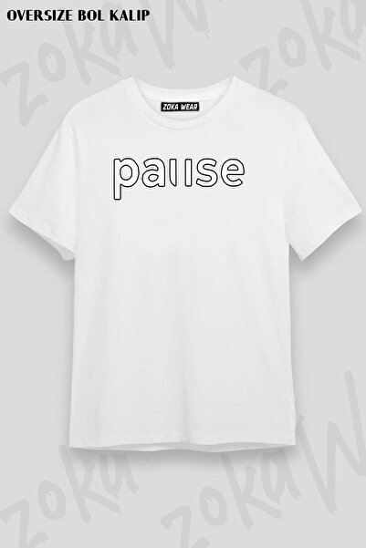 ZOKAWEAR تيشيرت مطبوع بتصميم Pause مقاس كبير للجنسين