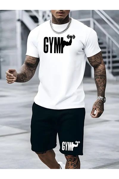 Elfa Tekstil Unisex Adult Oversize Gym Printed T-Shirt Set - Short & Top Set
