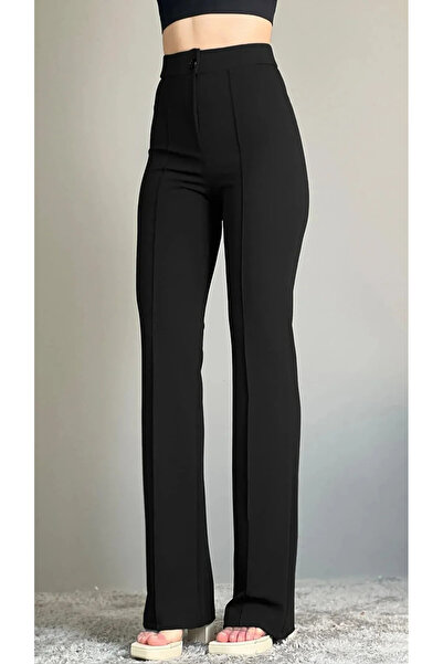 THIFF GYMWEAR Krep Kumaş Likralı Önü Çimalı Siyah Kadın Palazzo Pantolon