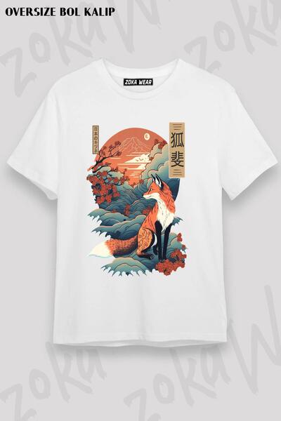 ZOKAWEAR Tricou unisex oversize cu imprimeu japonez Fox 5 Design