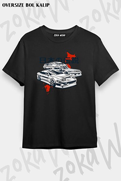 ZOKAWEAR تي شيرت مطبوع بتصميم سيارة يابانية قديمة مقاس كبير للجنسين