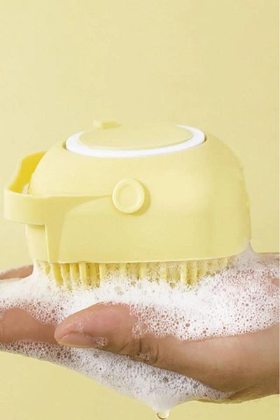jetfast Yellow Silicone Cover Bath Shower Pouch with Shower Gel Chamber Massageable Brush 1 Piece