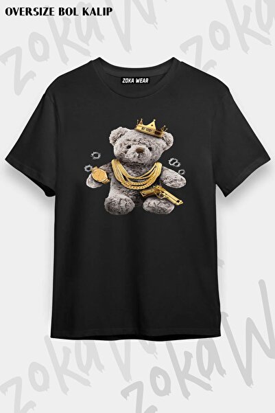 ZOKAWEAR Унисекс тениска с щампа на мече Ричи Теди Оувърсайз