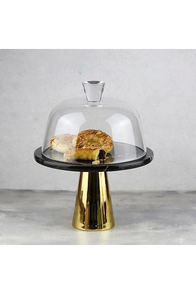 Akayev Marble 25 cm Gold Conical Leg Black Glass Jar