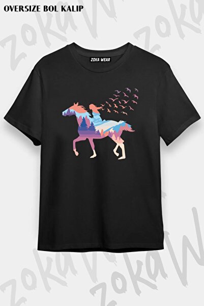 ZOKAWEAR Tricou unisex oversize cu imprimeu „A Girl Free As Horses And Birds”.