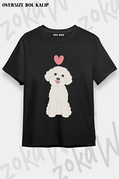 ZOKAWEAR Tricou cu imprimeu unisex oversize LOVE White Toy Poodle Design