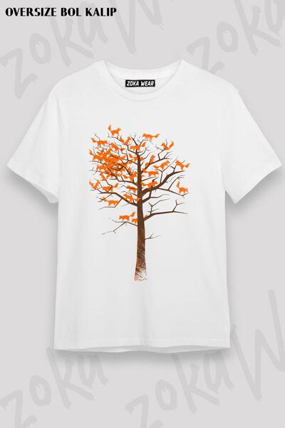ZOKAWEAR تي شيرت مطبوع بتصميم كبير الحجم للجنسين من أوراق الشجر والثعلب