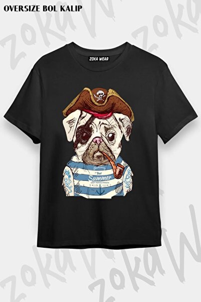 ZOKAWEAR Tricou imprimat unisex oversize cu design de câine pirat