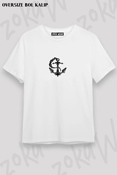 ZOKAWEAR تيشيرت مطبوع بتصميم مرساة كبيرة الحجم للجنسين