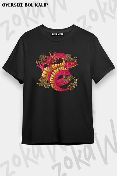 ZOKAWEAR Tricou unisex oversize cu imprimeu cu design dragon japonez