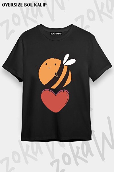 ZOKAWEAR Унисекс тениска с голям размер и щампа с принт на сладко сърце и пчела