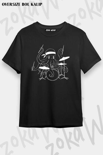 ZOKAWEAR Unisex Oversize Kalıp Bateri Ahtapot Tasarım Baskılı Tshirt