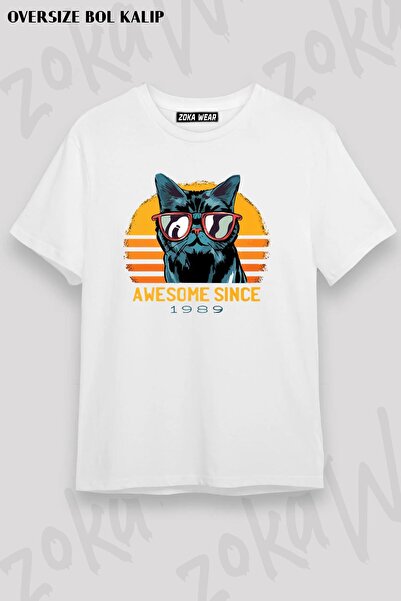 ZOKAWEAR Unisex Oversize Fit Awosome Από το 1989 Γάτα με Σχέδιο Γυαλιών Τυπωμ...