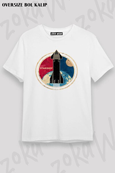 ZOKAWEAR تي شيرت مطبوع بتصميم كبير الحجم للجنسين من Spacex Starship Badge
